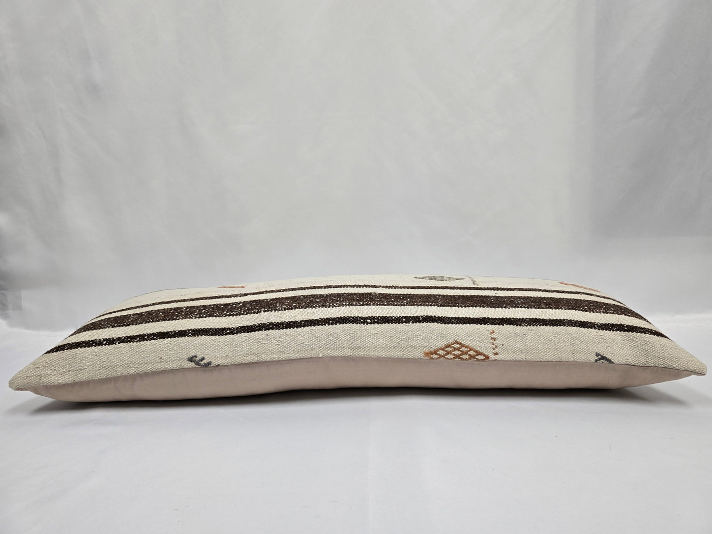 Turkish Lumbar Rug Pillow Cream Brown Charcoal Cushion Cover Hemp Pillow 14" x 40" #9449