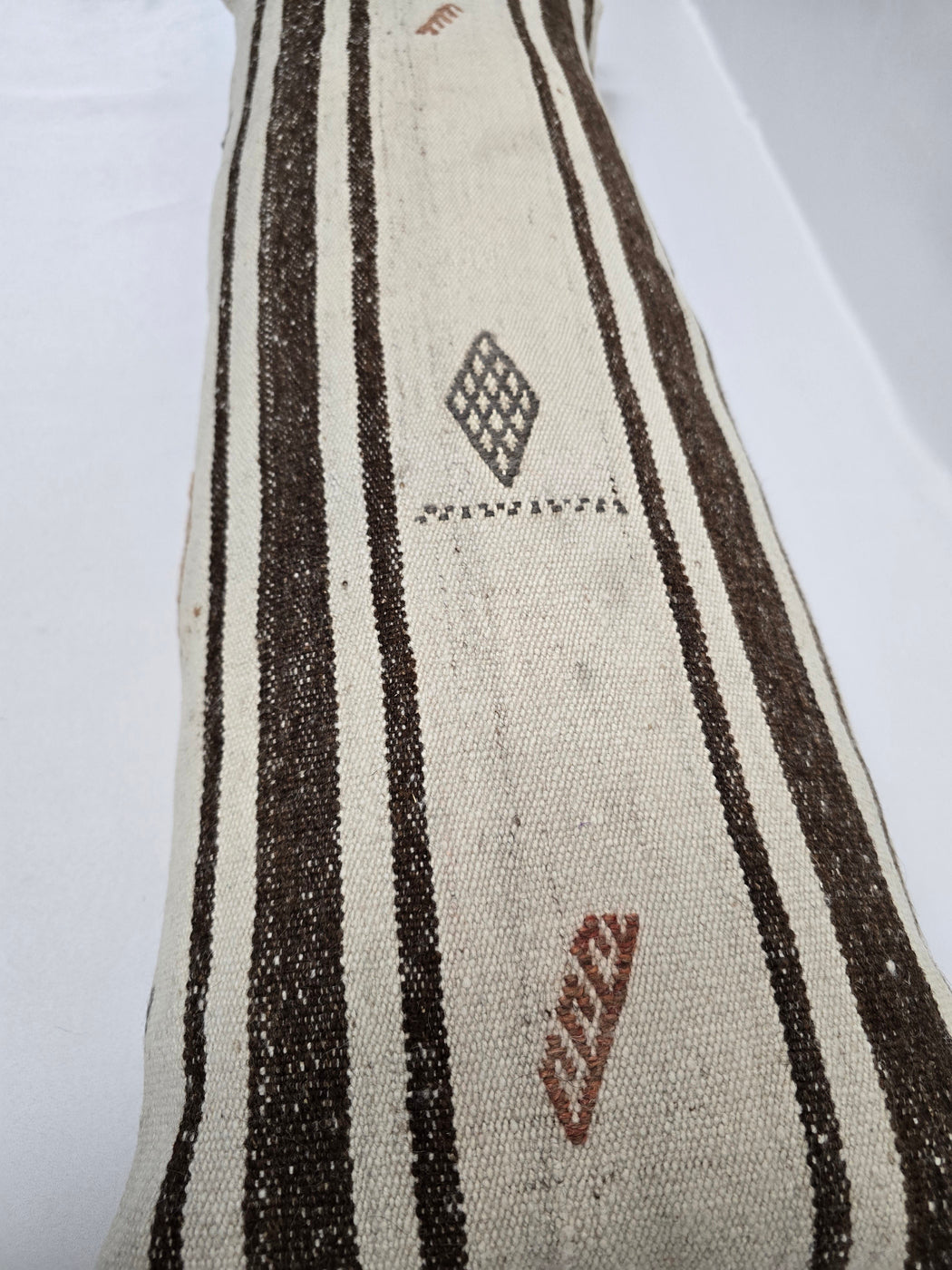 Turkish Lumbar Rug Pillow Cream Brown Charcoal Cushion Cover Hemp Pillow 14" x 40" #9449