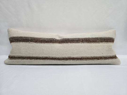 Turkish Lumbar Rug Pillow Cream Brown Cushion Cover Hemp Pillow 14" x 40" #9450