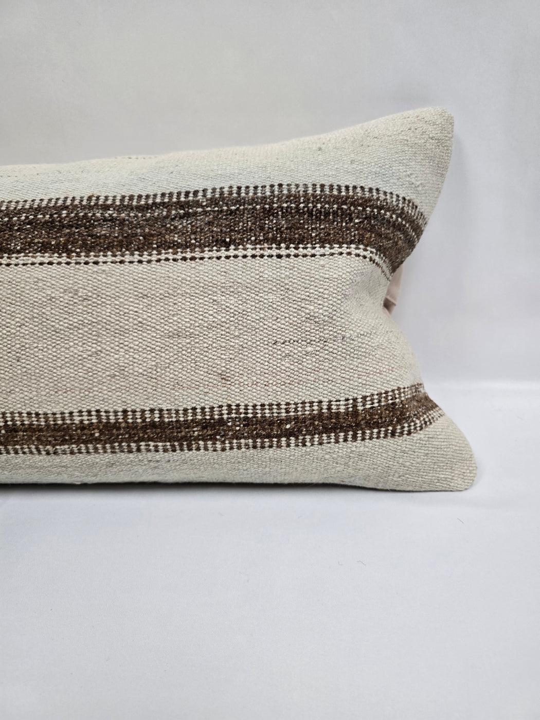 Turkish Lumbar Rug Pillow Cream Brown Cushion Cover Hemp Pillow 14" x 40" #9450