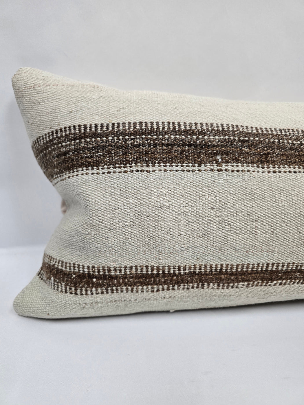 Turkish Lumbar Rug Pillow Cream Brown Cushion Cover Hemp Pillow 14" x 40" #9450