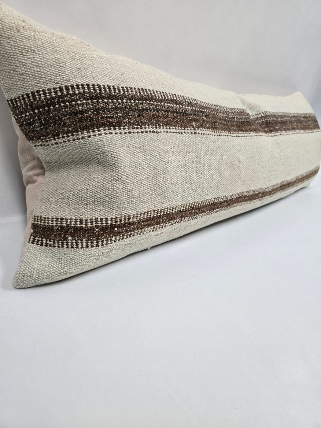 Turkish Lumbar Rug Pillow Cream Brown Cushion Cover Hemp Pillow 14" x 40" #9450