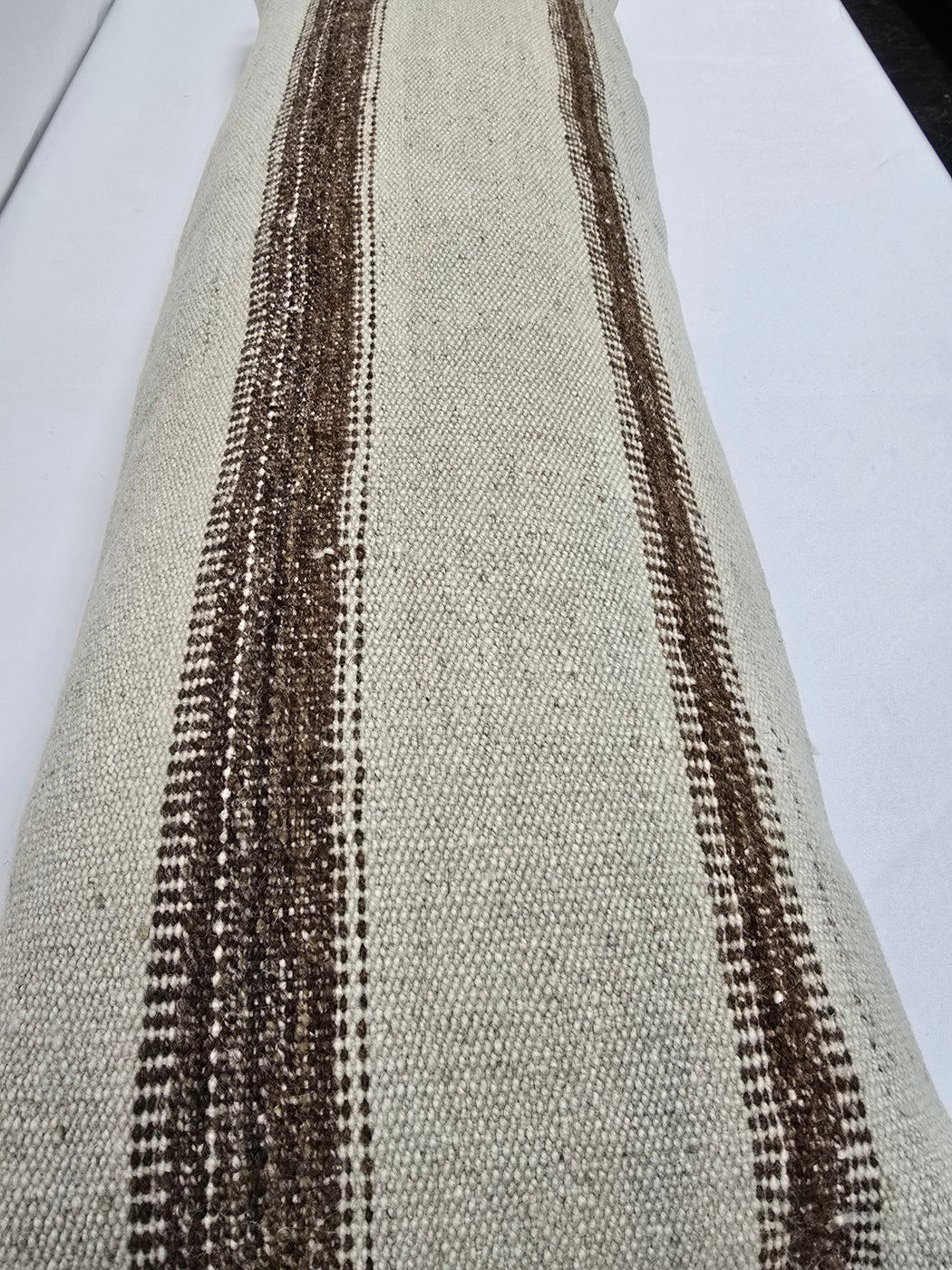 Turkish Lumbar Rug Pillow Cream Brown Cushion Cover Hemp Pillow 14" x 40" #9450