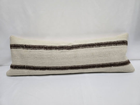 Turkish Lumbar Rug Pillow Cream Brown Cushion Cover Hemp Pillow 14" x 40" #9448