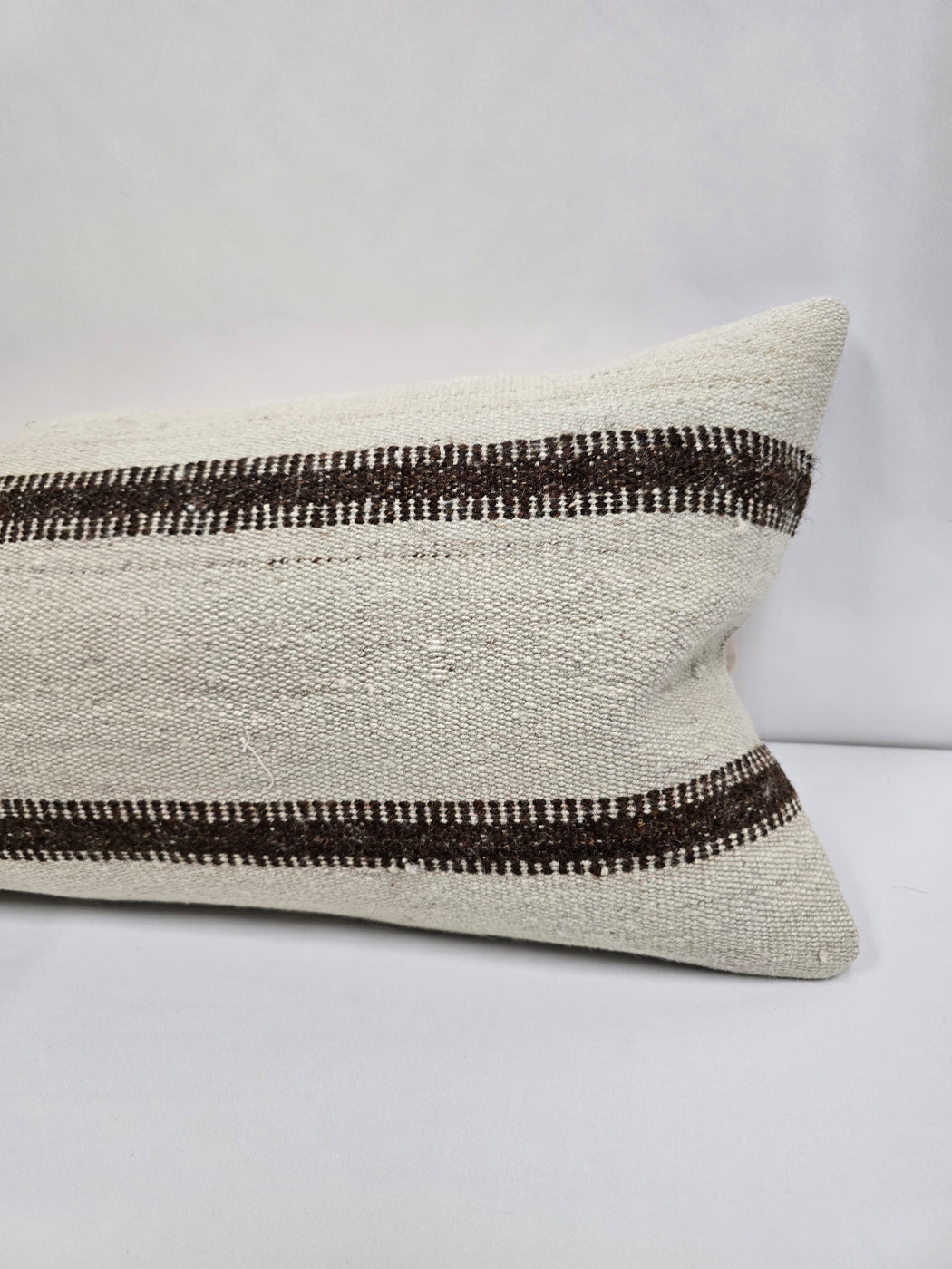 Turkish Lumbar Rug Pillow Cream Brown Cushion Cover Hemp Pillow 14" x 40" #9448