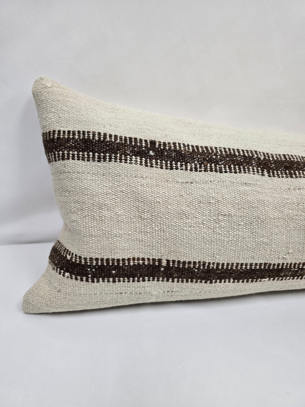 Turkish Lumbar Rug Pillow Cream Brown Cushion Cover Hemp Pillow 14" x 40" #9448