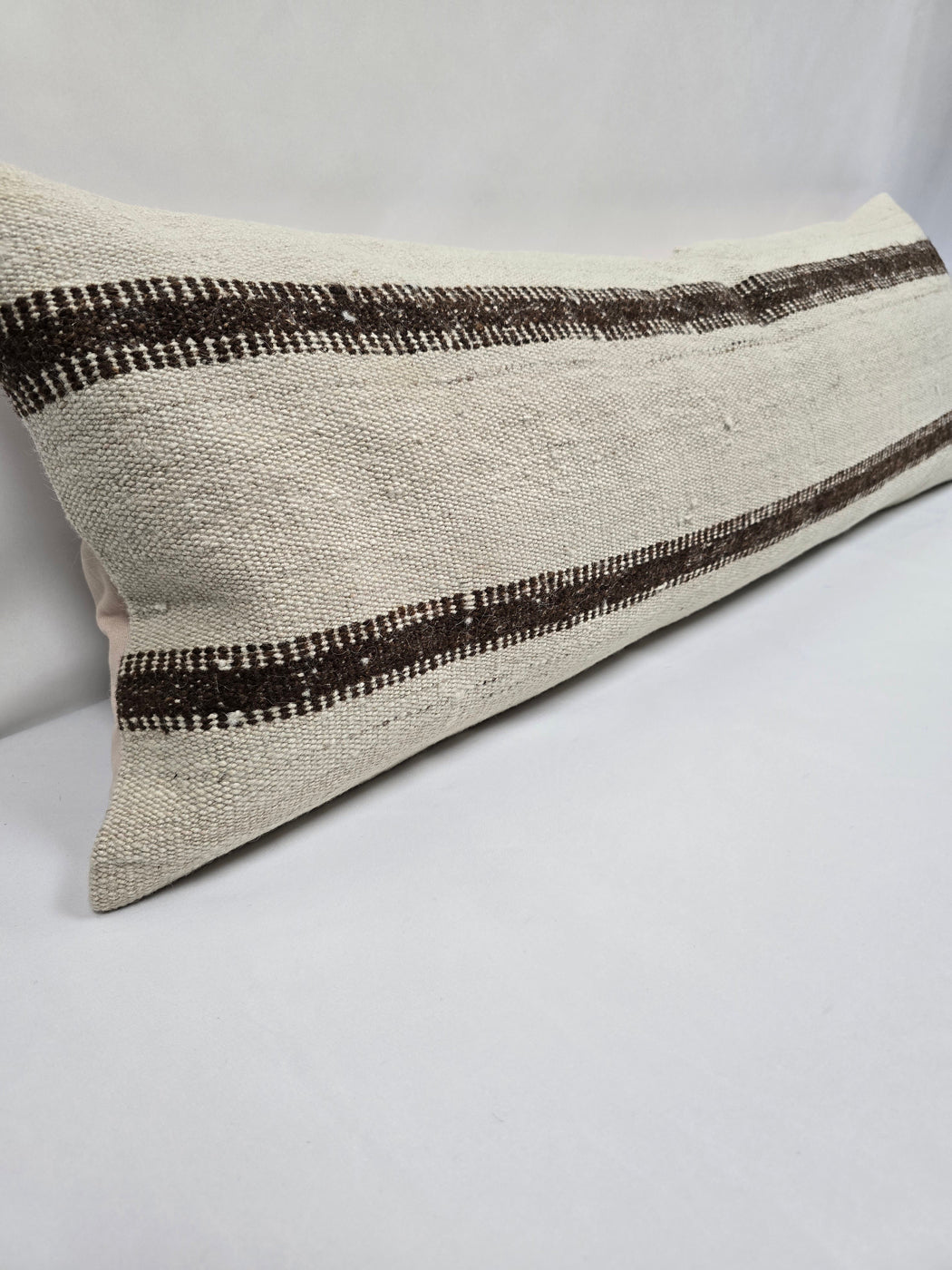 Turkish Lumbar Rug Pillow Cream Brown Cushion Cover Hemp Pillow 14" x 40" #9448