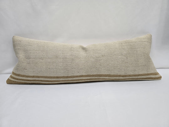 Turkish Lumbar Rug Pillow Cream Camel Cushion Cover Hemp Pillow 14" x 40" #9447