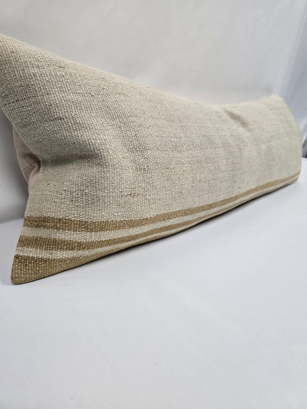 Turkish Lumbar Rug Pillow Cream Camel Cushion Cover Hemp Pillow 14" x 40" #9447