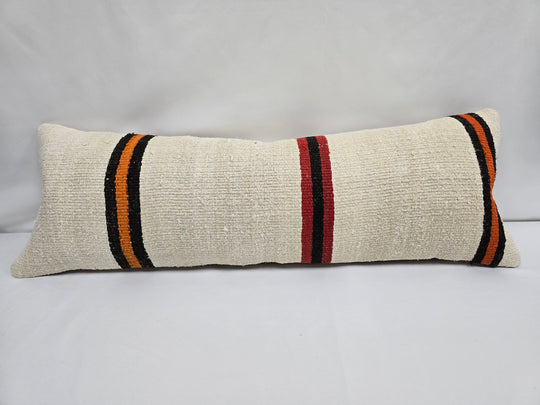 Turkish Lumbar Rug Pillow Cream Black Red Cushion Cover Hemp Pillow 14" x 40" #9445