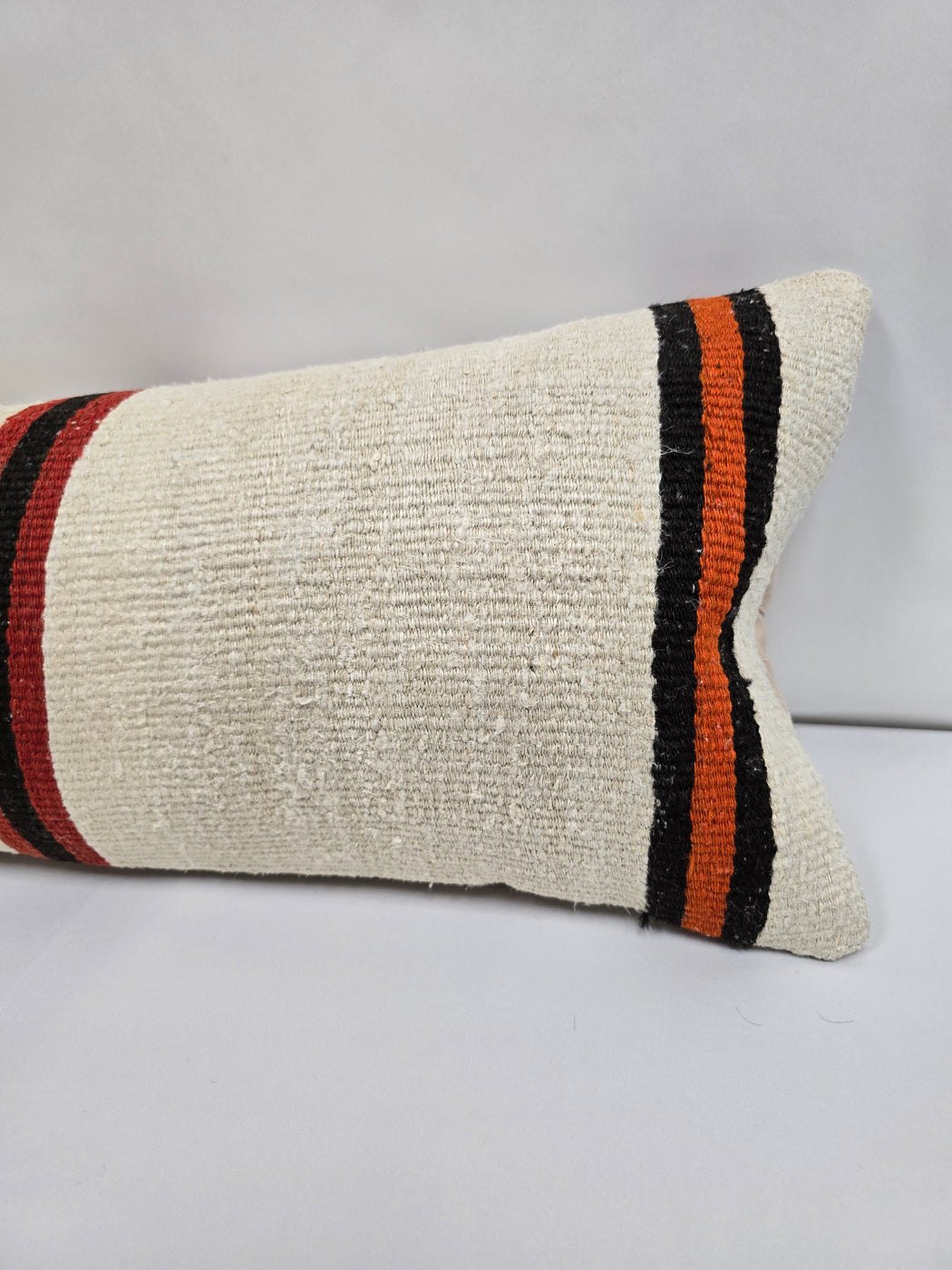 Turkish Lumbar Rug Pillow Cream Black Red Cushion Cover Hemp Pillow 14" x 40" #9445