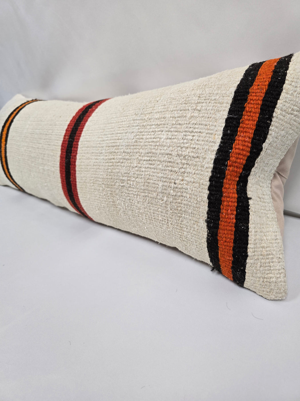 Turkish Lumbar Rug Pillow Cream Black Red Cushion Cover Hemp Pillow 14" x 40" #9445