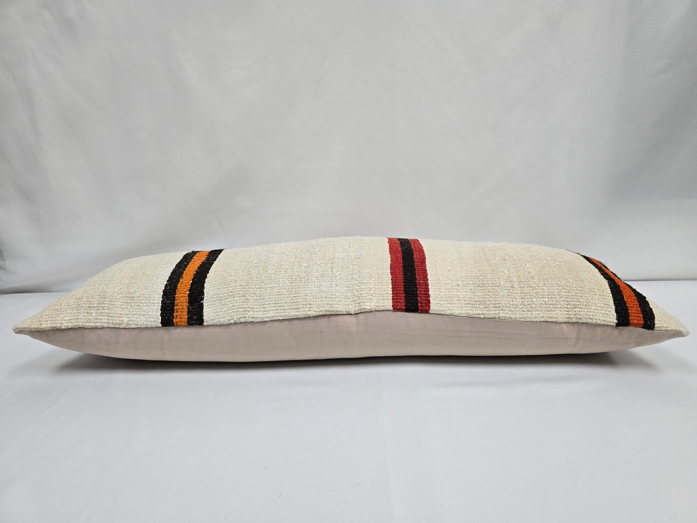 Turkish Lumbar Rug Pillow Cream Black Red Cushion Cover Hemp Pillow 14" x 40" #9445