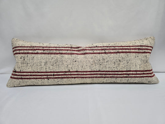 Turkish Lumbar Rug Pillow Cream Black Cushion Cover Hemp Pillow 14" x 40" #9444