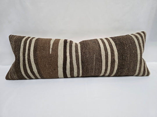 Turkish Lumbar Rug Pillow Cream Brown Cushion Cover Hemp Pillow 14" x 40" #9443