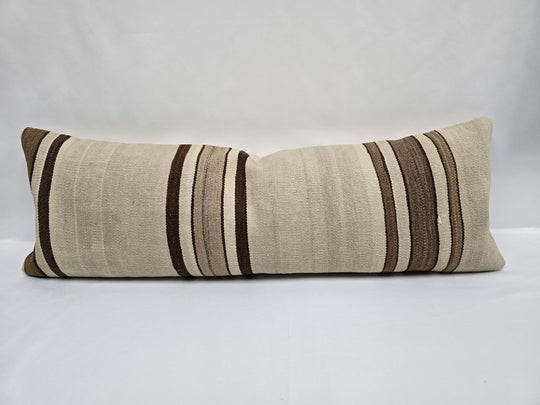 Turkish Lumbar Rug Pillow Cream Brown Taupe Cushion Cover Hemp Pillow 14" x 40" #9438