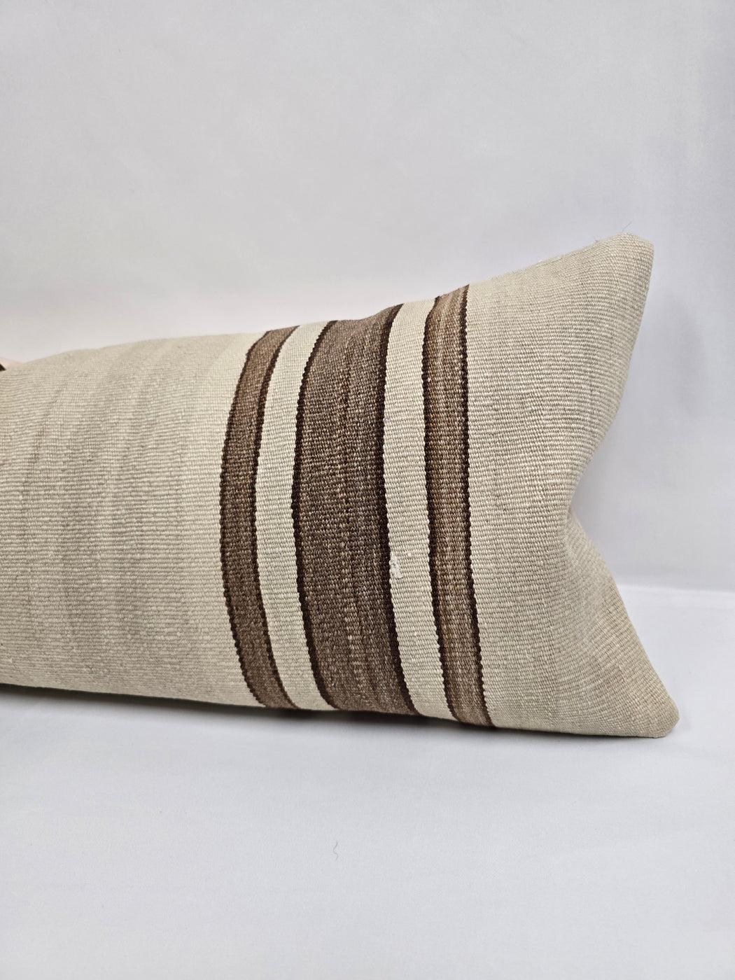 Turkish Lumbar Rug Pillow Cream Brown Taupe Cushion Cover Hemp Pillow 14" x 40" #9438