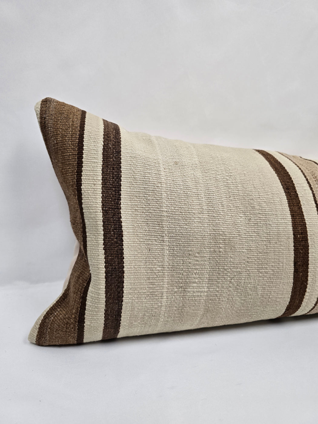 Turkish Lumbar Rug Pillow Cream Brown Taupe Cushion Cover Hemp Pillow 14" x 40" #9438
