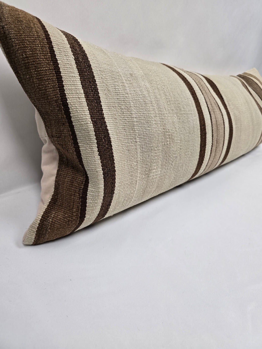 Turkish Lumbar Rug Pillow Cream Brown Taupe Cushion Cover Hemp Pillow 14" x 40" #9438