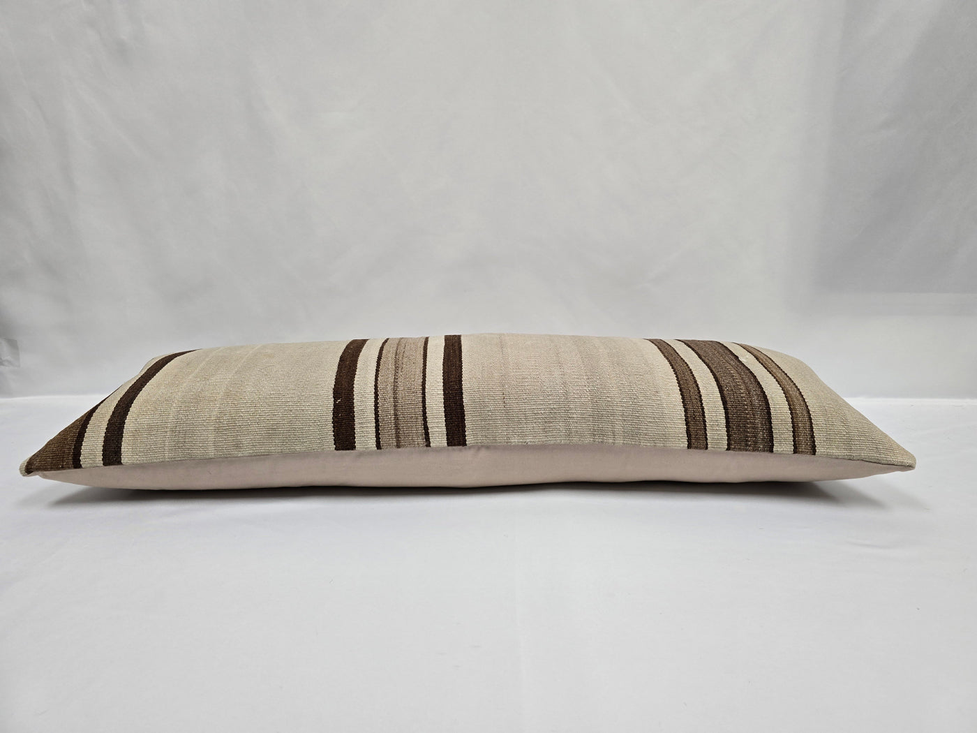 Turkish Lumbar Rug Pillow Cream Brown Taupe Cushion Cover Hemp Pillow 14" x 40" #9438