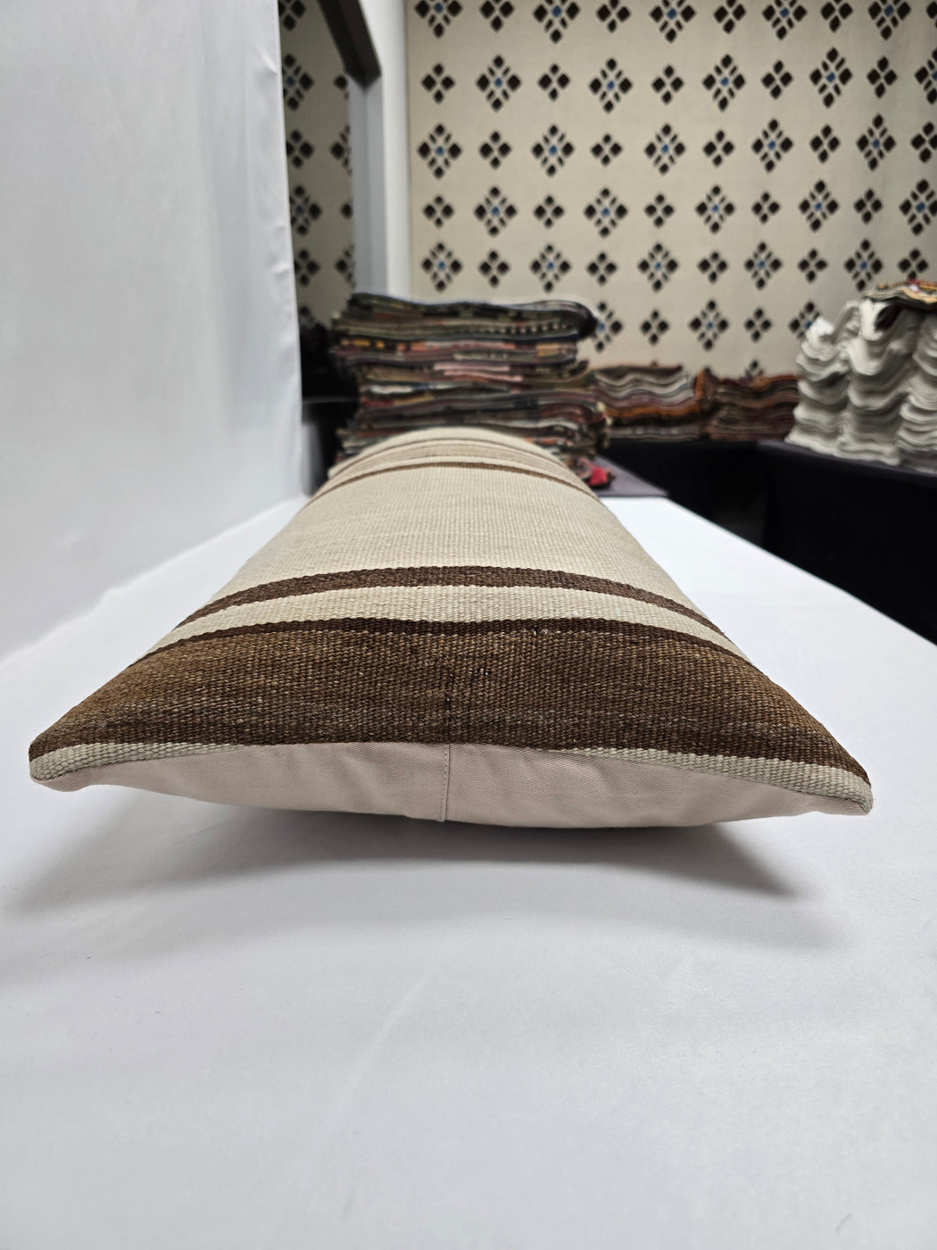 Turkish Lumbar Rug Pillow Cream Brown Taupe Cushion Cover Hemp Pillow 14" x 40" #9438