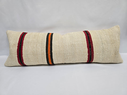 Turkish Lumbar Rug Pillow Cream Red Black Cushion Cover Hemp Pillow 14" x 40" #9437