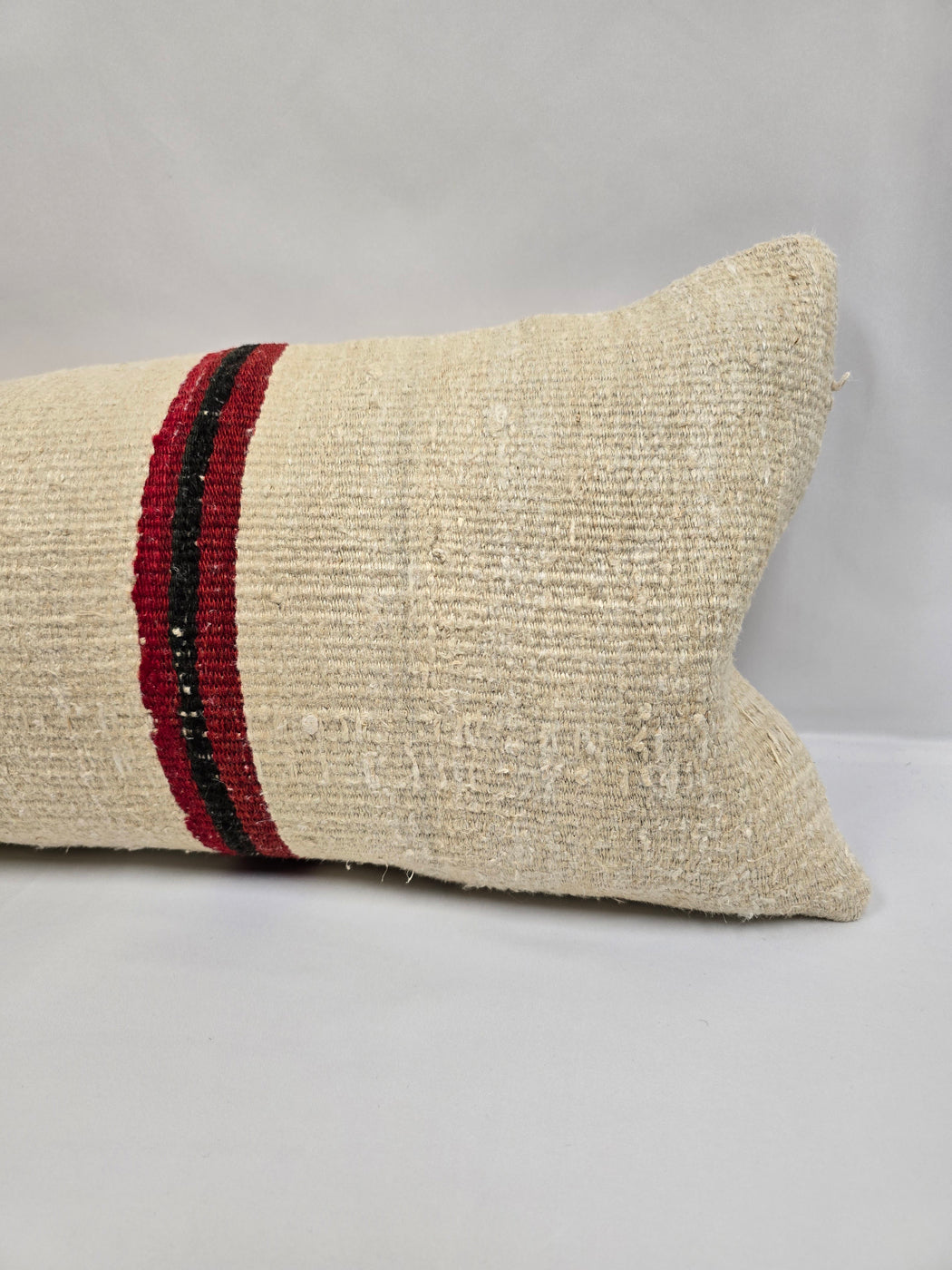 Turkish Lumbar Rug Pillow Cream Red Black Cushion Cover Hemp Pillow 14" x 40" #9437