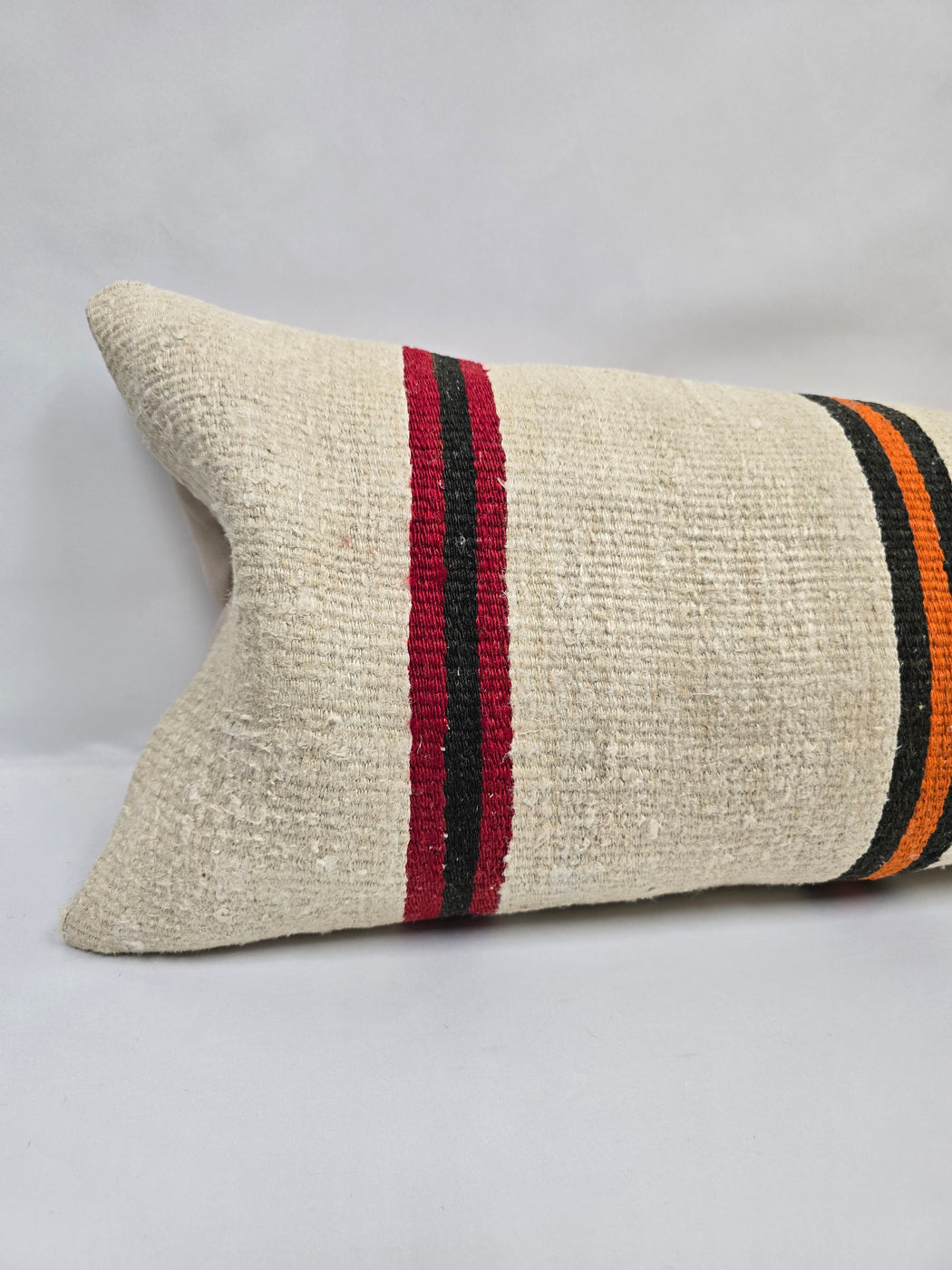 Turkish Lumbar Rug Pillow Cream Red Black Cushion Cover Hemp Pillow 14" x 40" #9437