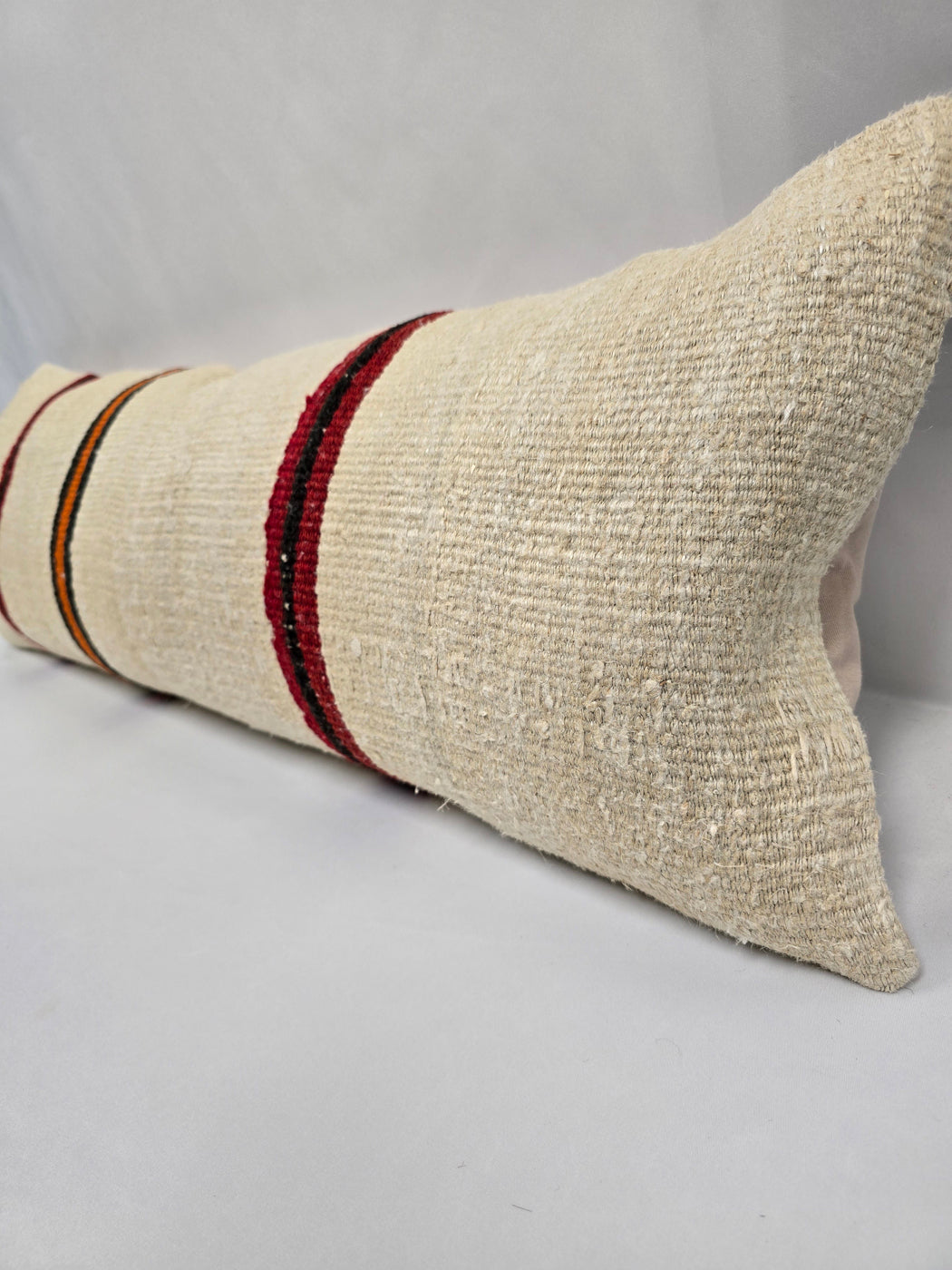 Turkish Lumbar Rug Pillow Cream Red Black Cushion Cover Hemp Pillow 14" x 40" #9437