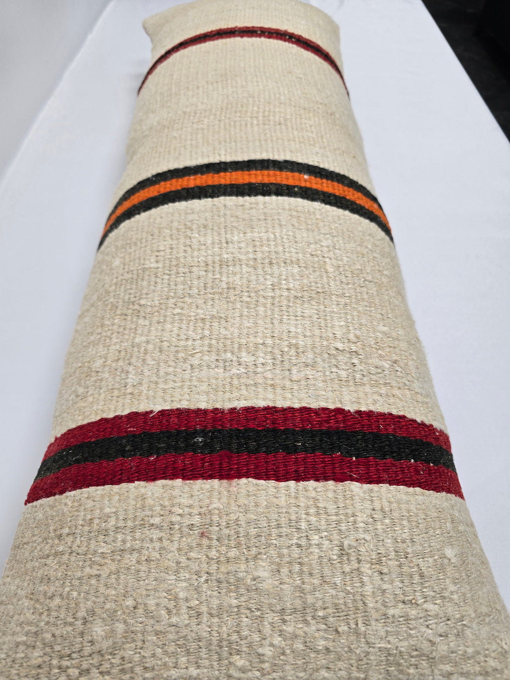 Turkish Lumbar Rug Pillow Cream Red Black Cushion Cover Hemp Pillow 14" x 40" #9437