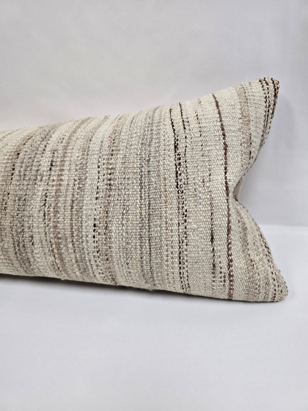 Turkish Lumbar Rug Pillow Cream Brown Cushion Cover Hemp Pillow 14" x 40" #9436