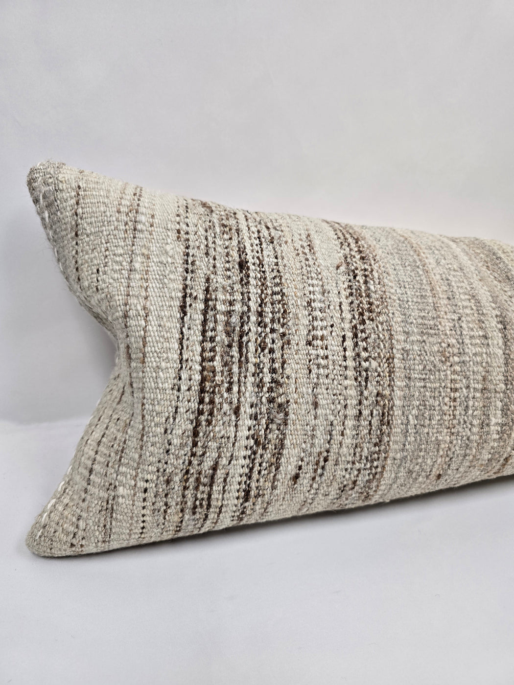 Turkish Lumbar Rug Pillow Cream Brown Cushion Cover Hemp Pillow 14" x 40" #9436