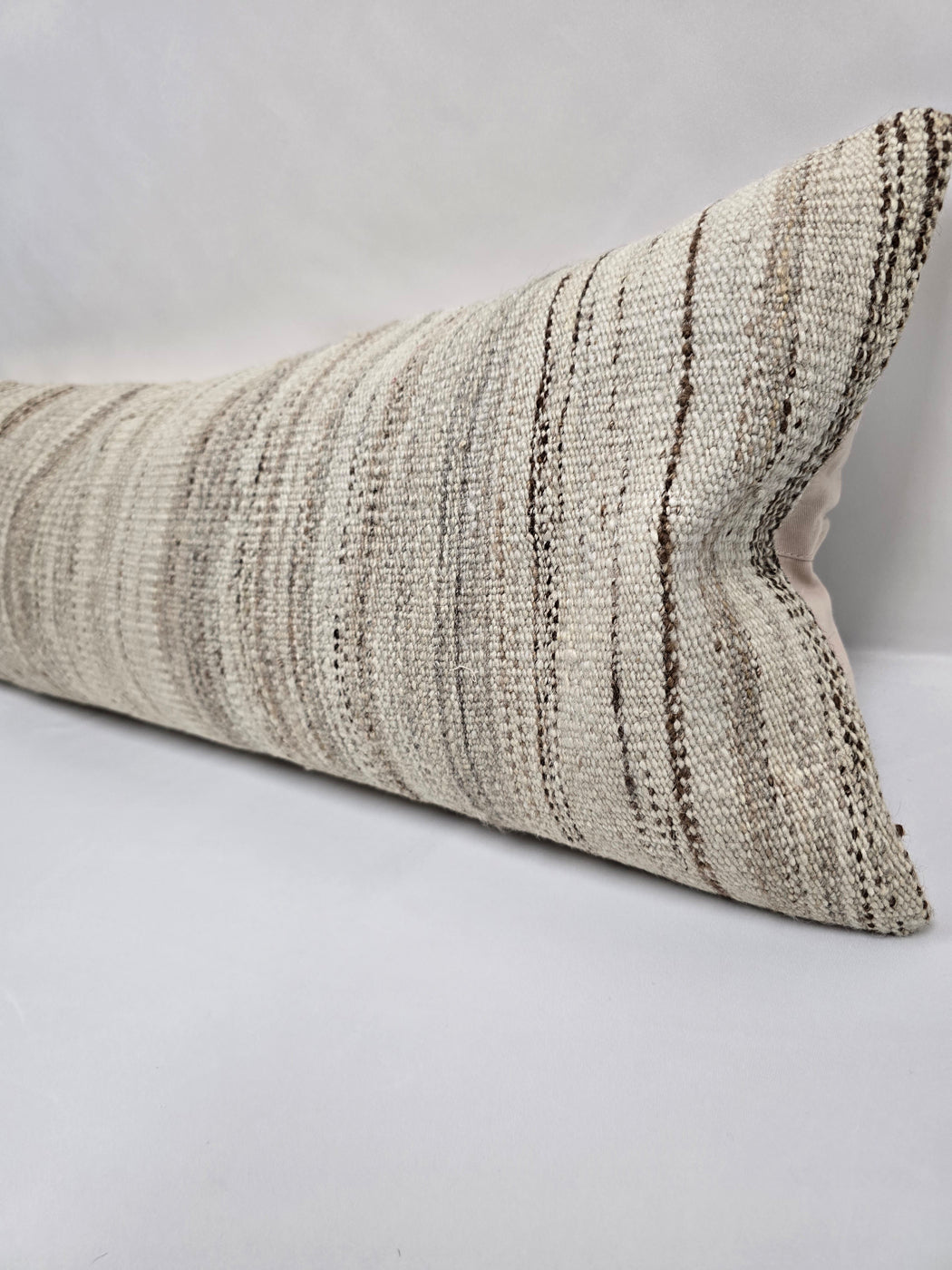 Turkish Lumbar Rug Pillow Cream Brown Cushion Cover Hemp Pillow 14" x 40" #9436