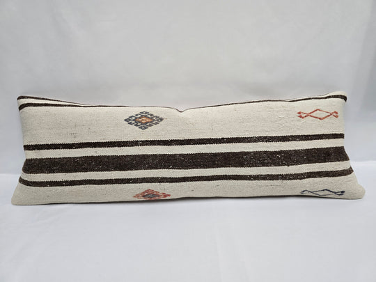 Turkish Lumbar Rug Pillow Cream Brown Cushion Cover Hemp Pillow 14" x 40" #9435
