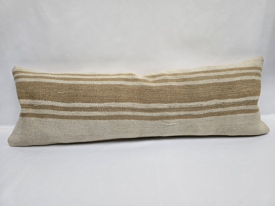 Turkish Lumbar Rug Pillow Cream Beige Cushion Cover Hemp Pillow 14" x 40" #9434