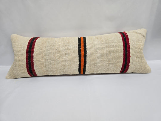 Turkish Lumbar Rug Pillow Cream Black Red Cushion Cover Hemp Pillow 14" x 40" #9517