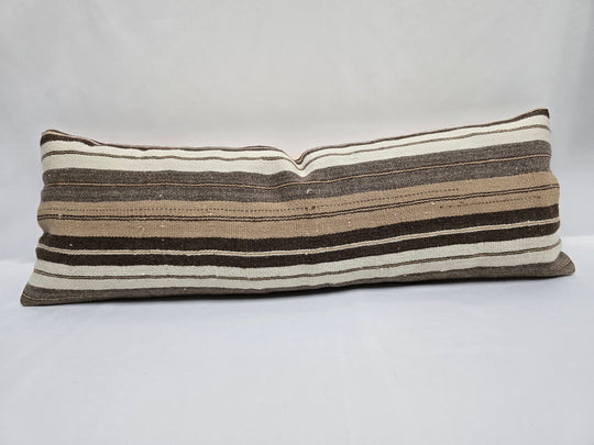 Turkish Lumbar Rug Pillow Cream Brown Gray Cushion Cover Hemp Pillow 14" x 40" #9440