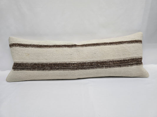 Turkish Lumbar Rug Pillow Cream Brown Cushion Cover Hemp Pillow 14" x 40" #9439
