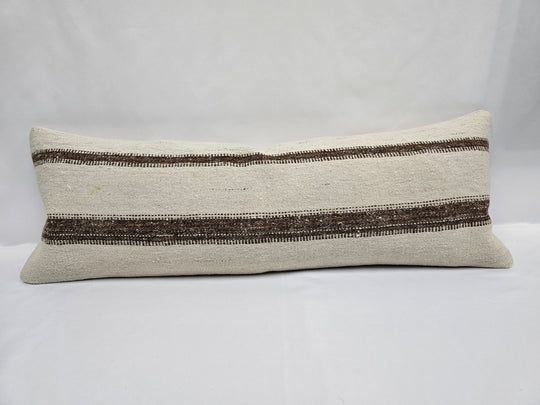 Turkish Lumbar Rug Pillow Cream Brown Cushion Cover Hemp Pillow 14" x 40" #9439