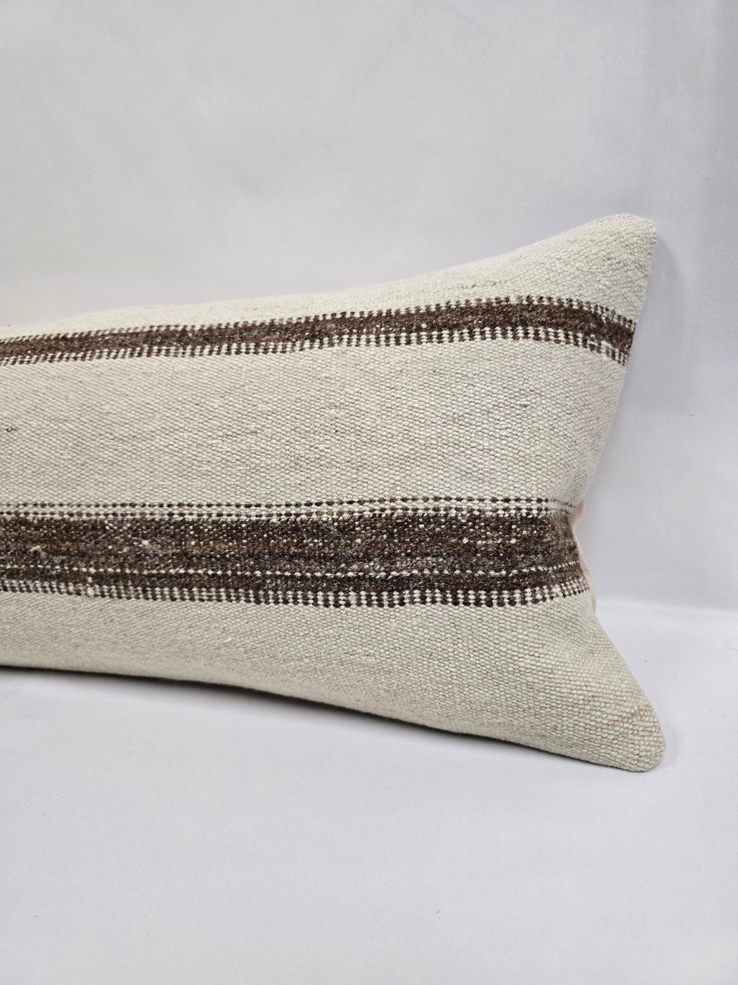 Turkish Lumbar Rug Pillow Cream Brown Cushion Cover Hemp Pillow 14" x 40" #9439
