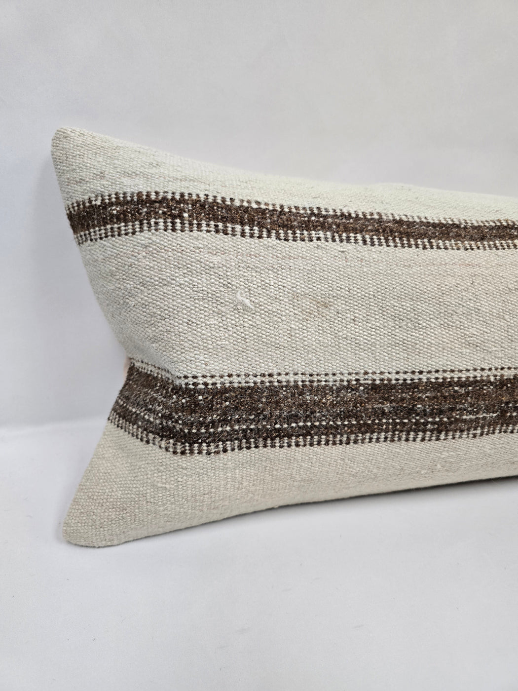 Turkish Lumbar Rug Pillow Cream Brown Cushion Cover Hemp Pillow 14" x 40" #9439