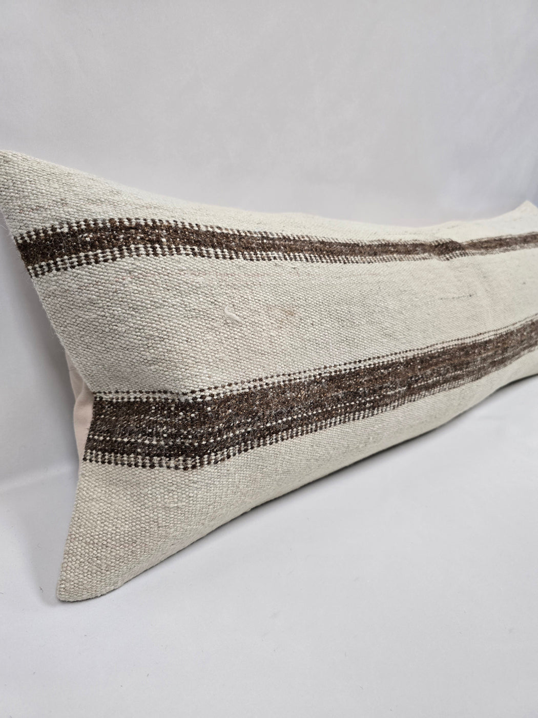 Turkish Lumbar Rug Pillow Cream Brown Cushion Cover Hemp Pillow 14" x 40" #9439