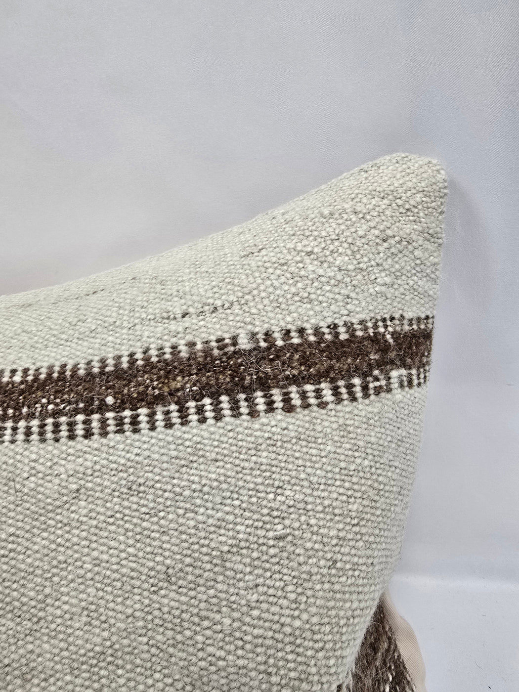 Turkish Lumbar Rug Pillow Cream Brown Cushion Cover Hemp Pillow 14" x 40" #9439