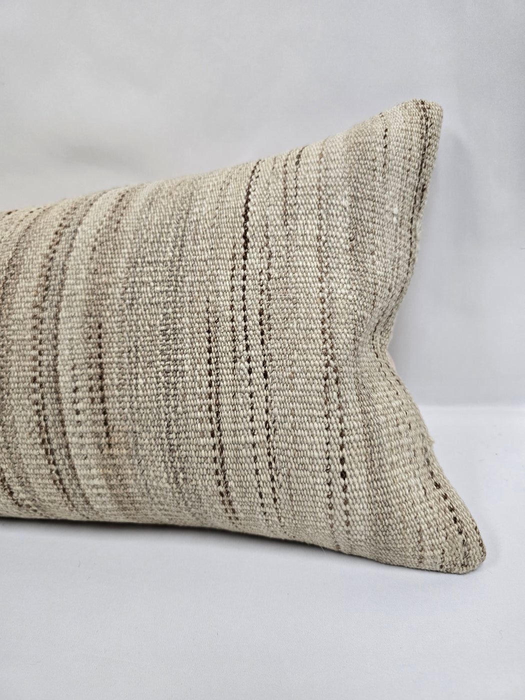 Turkish Lumbar Rug Pillow Cream Brown Cushion Cover Hemp Pillow 14" x 40" #9513