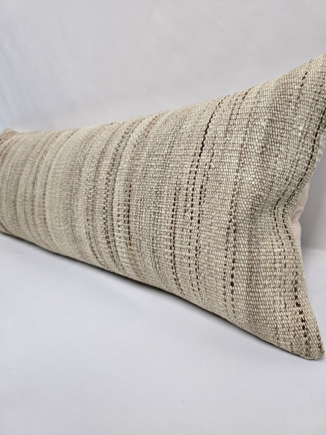Turkish Lumbar Rug Pillow Cream Brown Cushion Cover Hemp Pillow 14" x 40" #9513