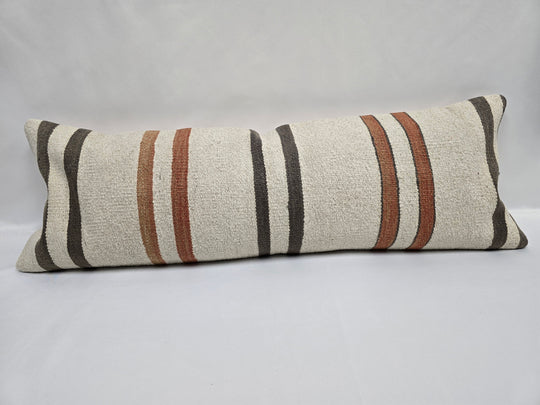 Turkish Lumbar Rug Pillow Cream Brown Cushion Cover Hemp Pillow 14" x 40" #9511