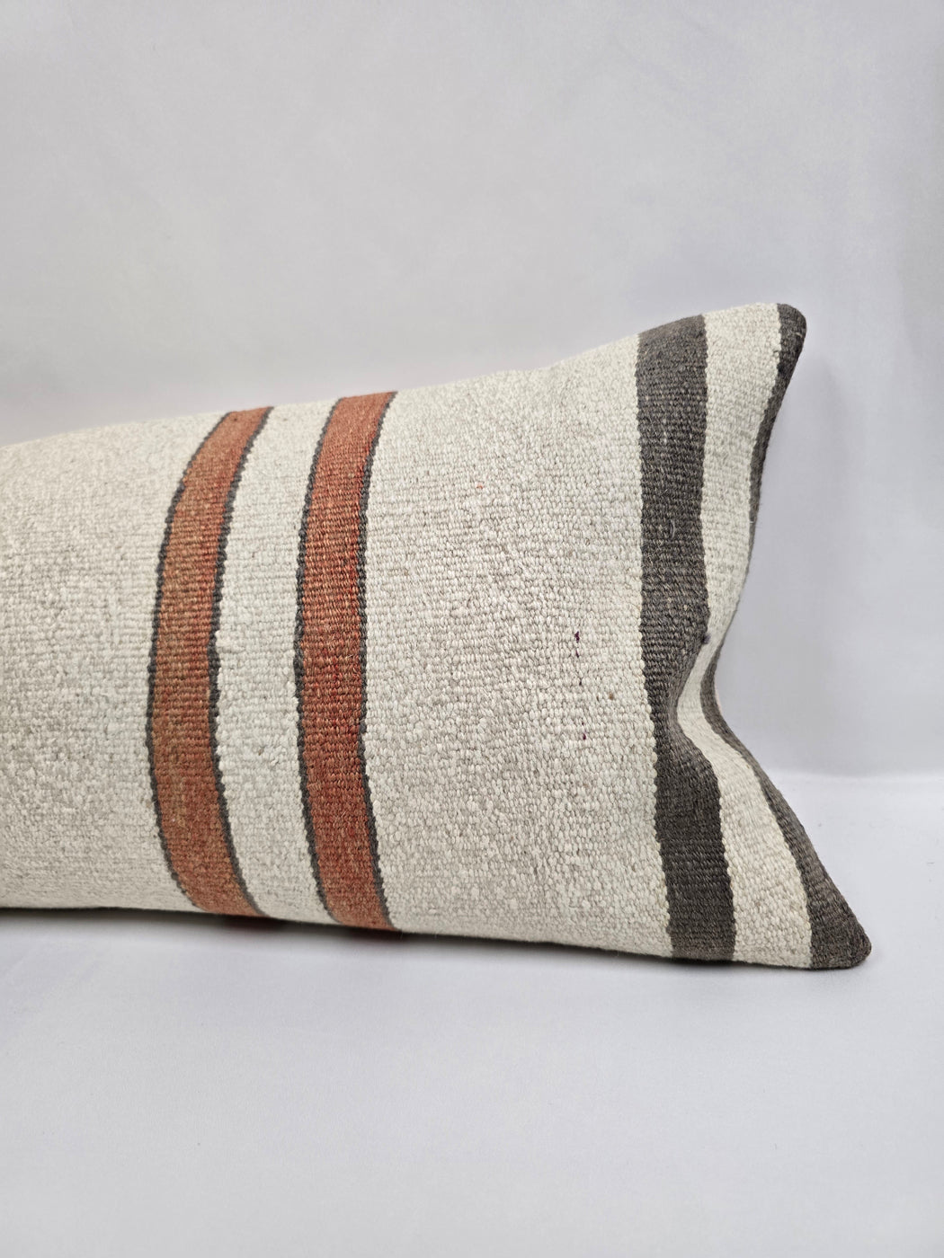 Turkish Lumbar Rug Pillow Cream Brown Cushion Cover Hemp Pillow 14" x 40" #9511