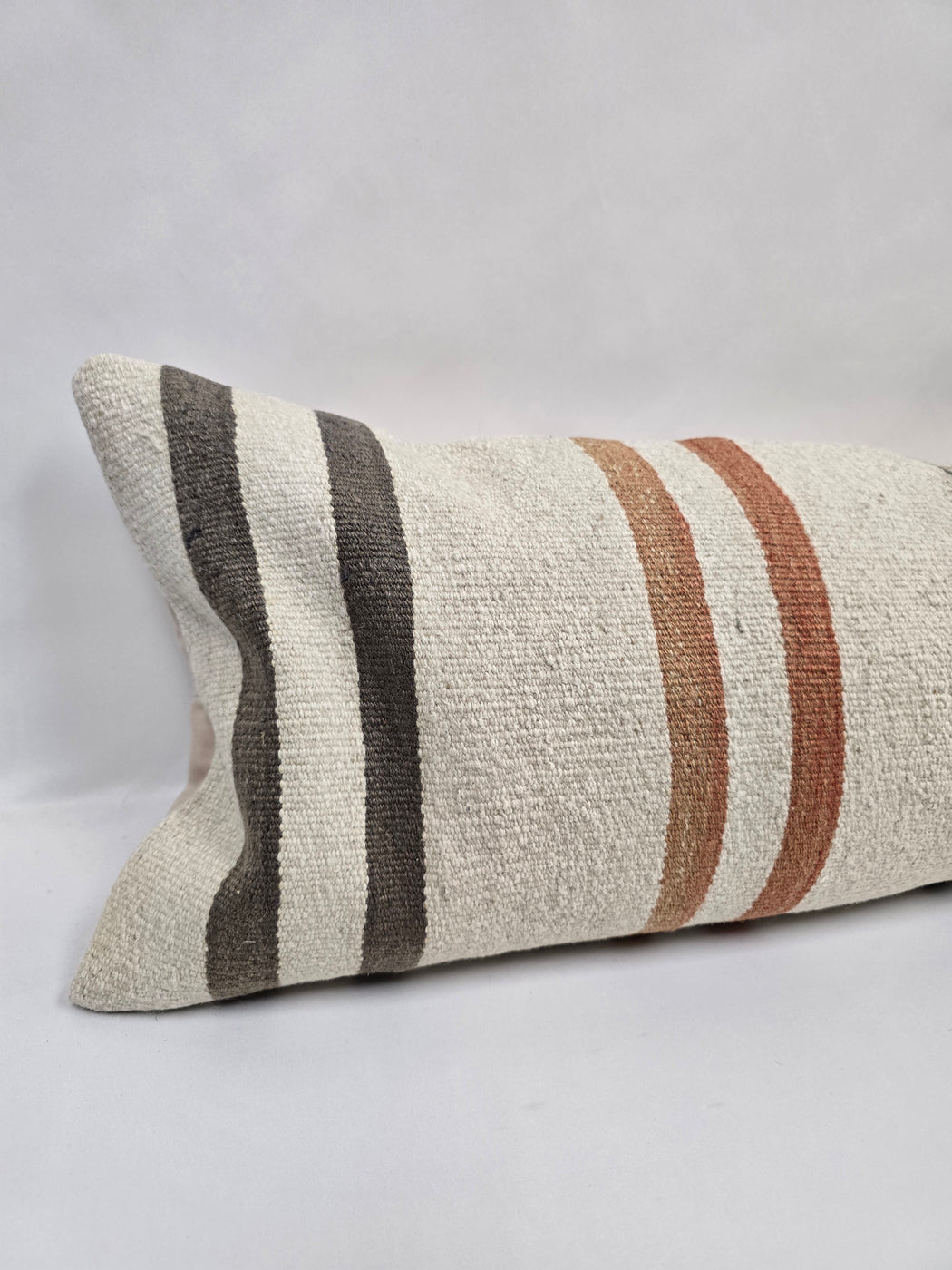 Turkish Lumbar Rug Pillow Cream Brown Cushion Cover Hemp Pillow 14" x 40" #9511