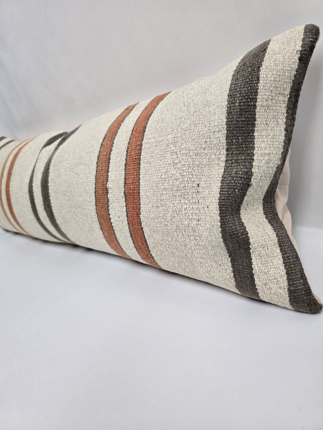 Turkish Lumbar Rug Pillow Cream Brown Cushion Cover Hemp Pillow 14" x 40" #9511