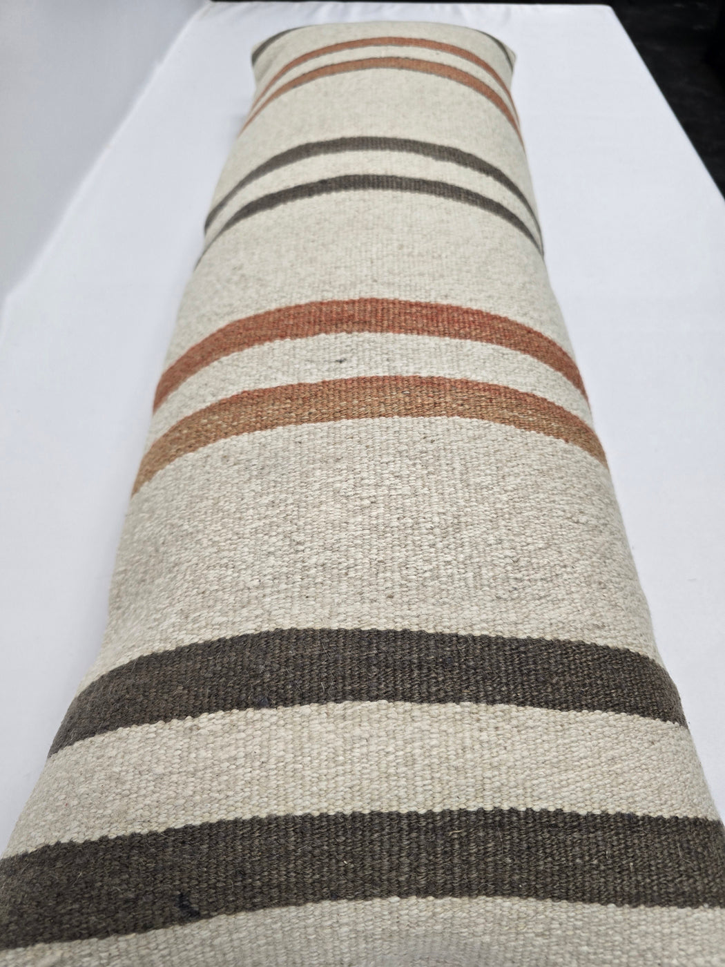 Turkish Lumbar Rug Pillow Cream Brown Cushion Cover Hemp Pillow 14" x 40" #9511